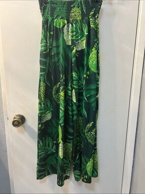 HOMEGROWN Smocked Waist Tropical Green Ulu Pattern Pants, Sz XS